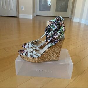 Call It Spring Floral Wedge Ankle Wrap Sandals - Tan and Cream